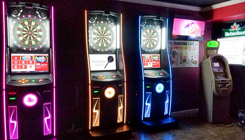 Darts Live dartboards at Pandoras are ready for some fun competition.  Three well lit electronic dart boards in a bar near the ATM.